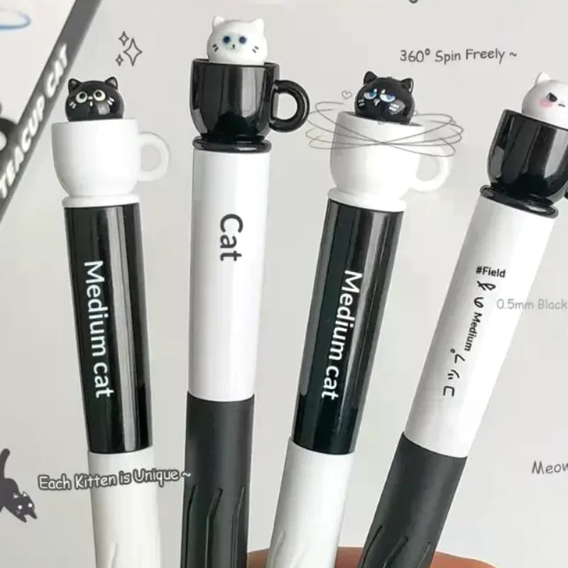 Cute Teacup Cat Gel Pens 0.5mm Fun Animal Quick Dry Pen Creative Rotating Cat Pocket Pen For School & Office Use