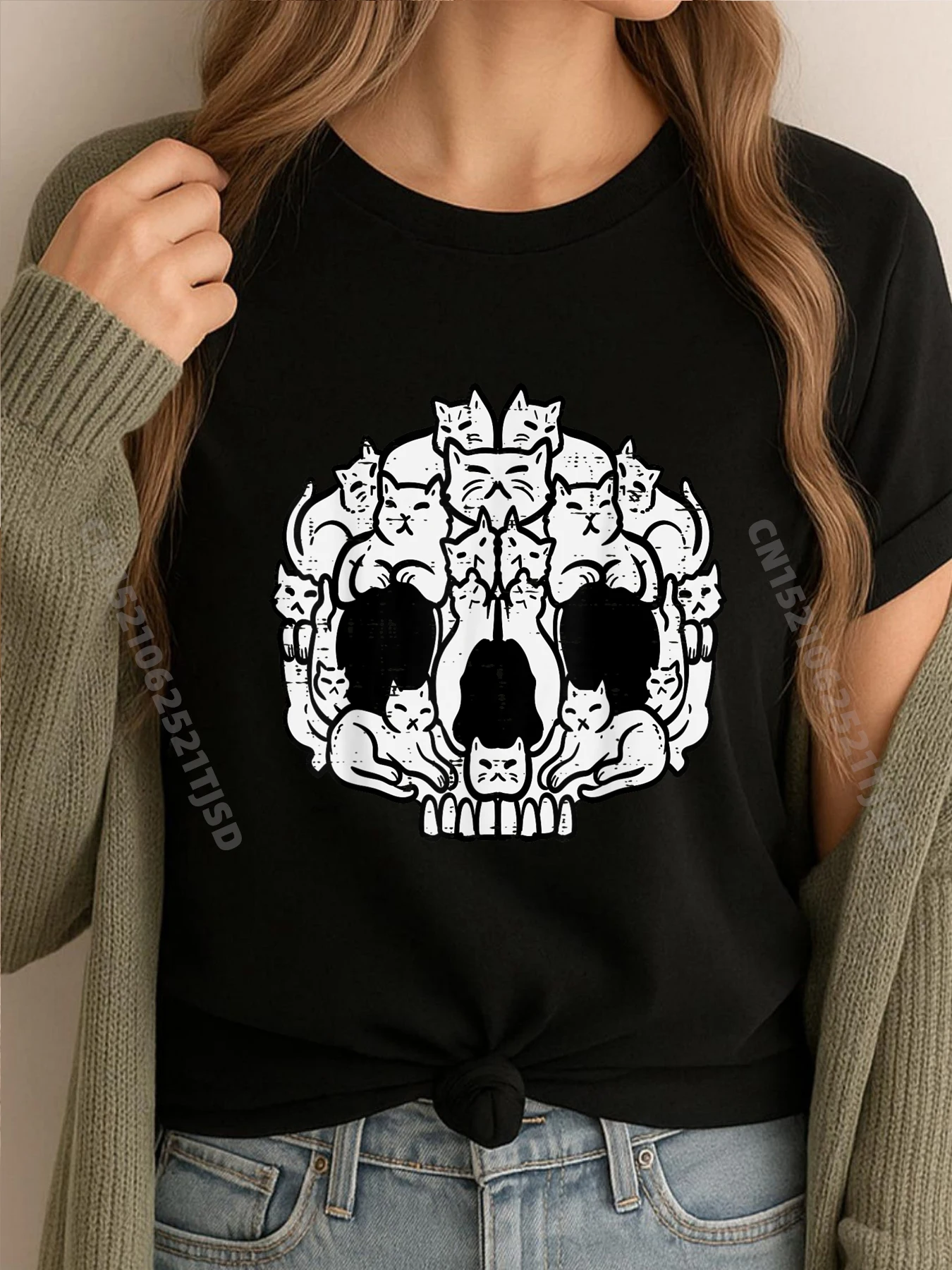 

Skull Cats Kitten Kitty Skeleton Halloween Graphic Shirts Woman Men's Clothing Retro washed Tops Tees Family