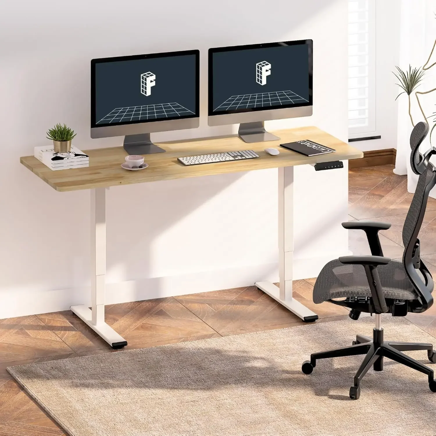 Inch Electric Height Adjustable Standing Whole-Piece Board Rubber Wood Desk Sit Stand Up Desk
