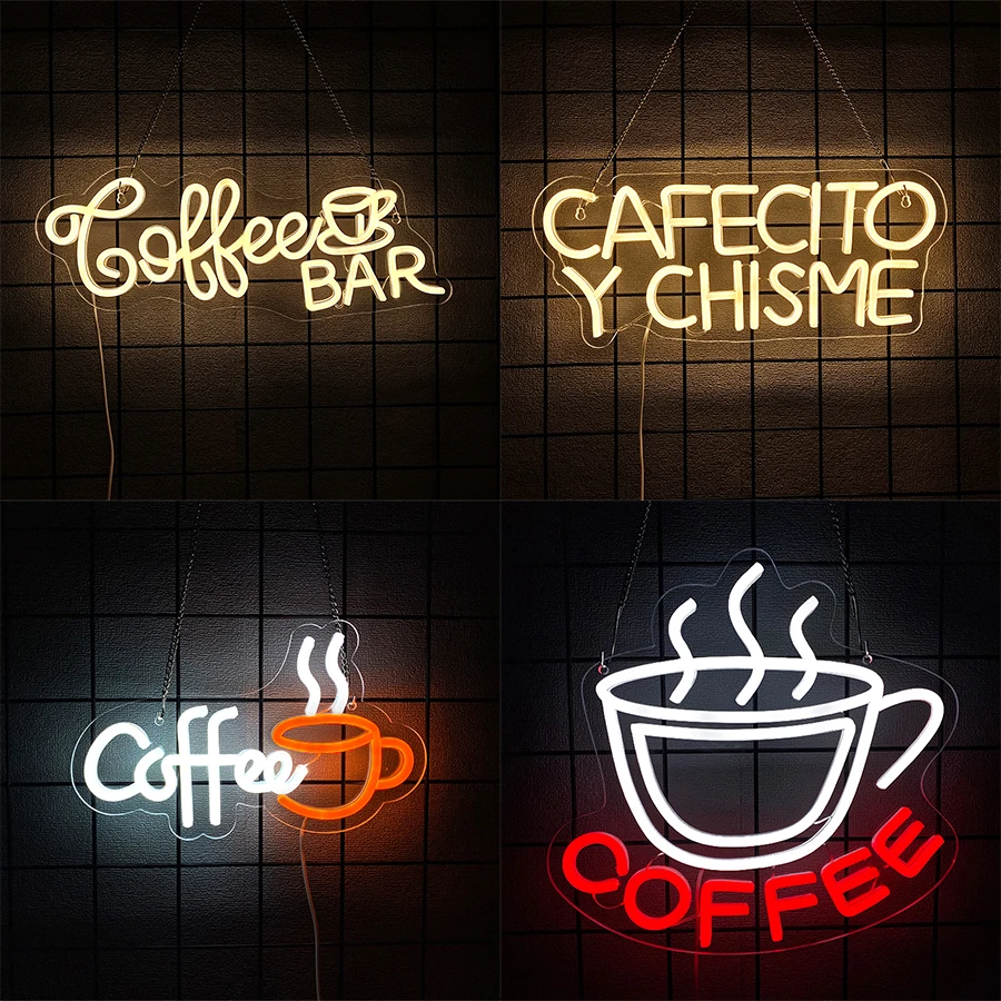 Letrero de neón de café, decoración artística de pared con icono de taza de café, alimentado por USB, utilizado para lámparas de pared en restaurantes, cafeterías y clubes.