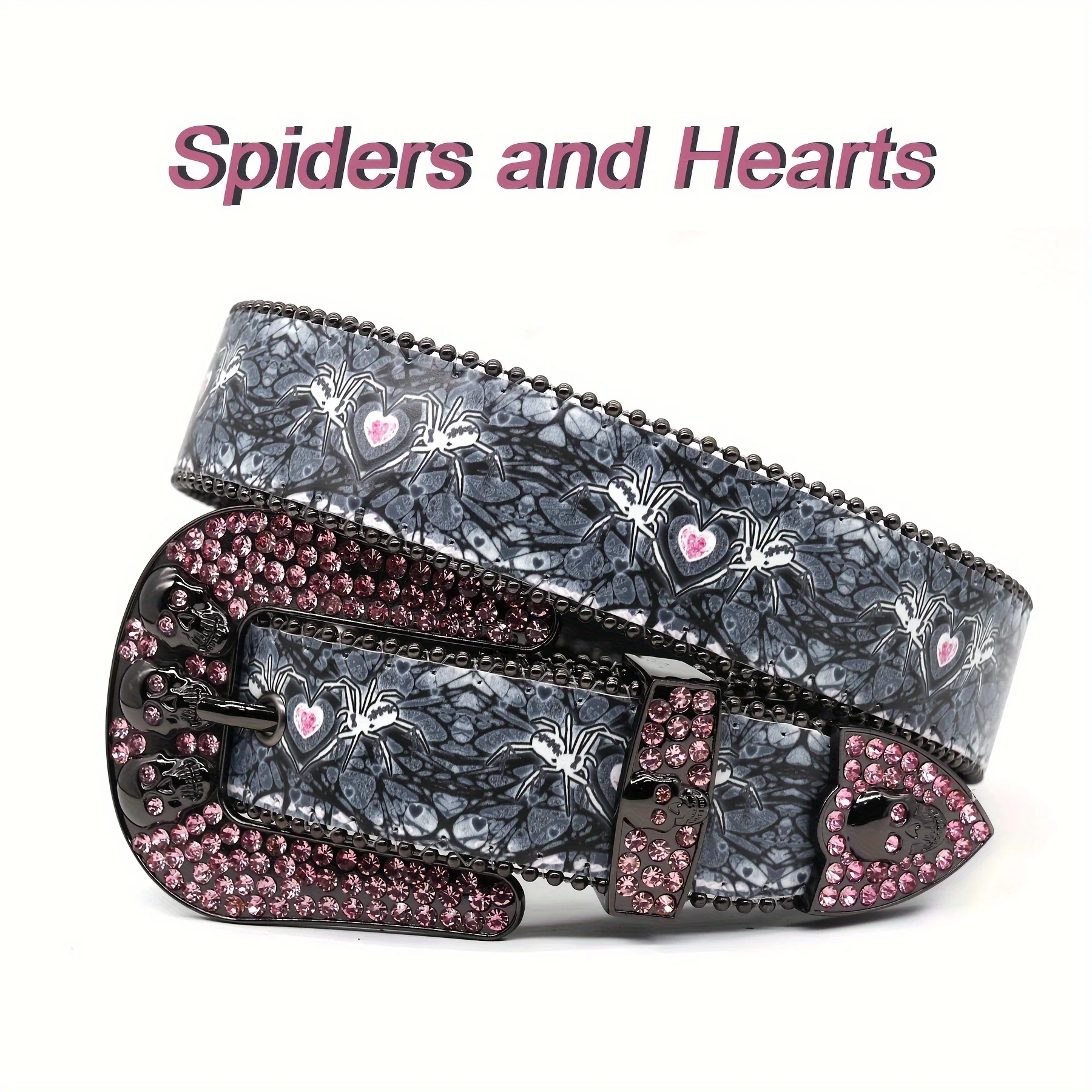 Punk Rock Pink Rhinestone Studded Belt Y2K PU Leather Spider&Heart Print For Men Women Alloy Buckle Belt