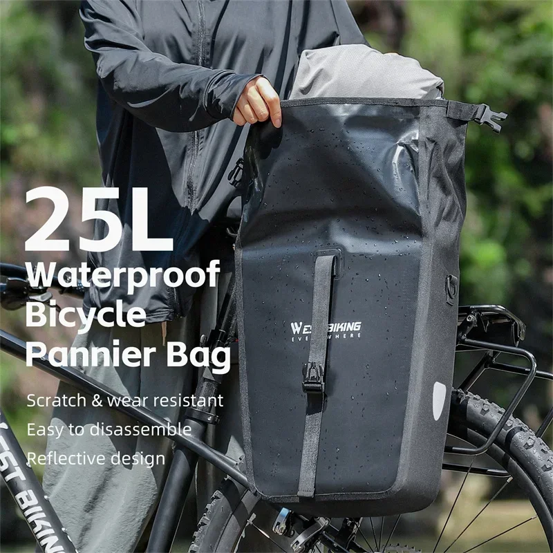 WEST BIKING Waterproof Bicycle Rear Bag 25L Large Capacity Luggage Rack Side Bag Expandable Cycling Travel Bag