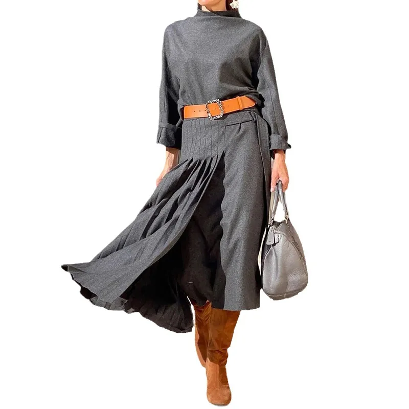 Commuter Attire Women Long Dress Round Neck High Waist Gorgeous Pleated Skirt Multiple Colors With A Belt Skirt Elegant In Stock