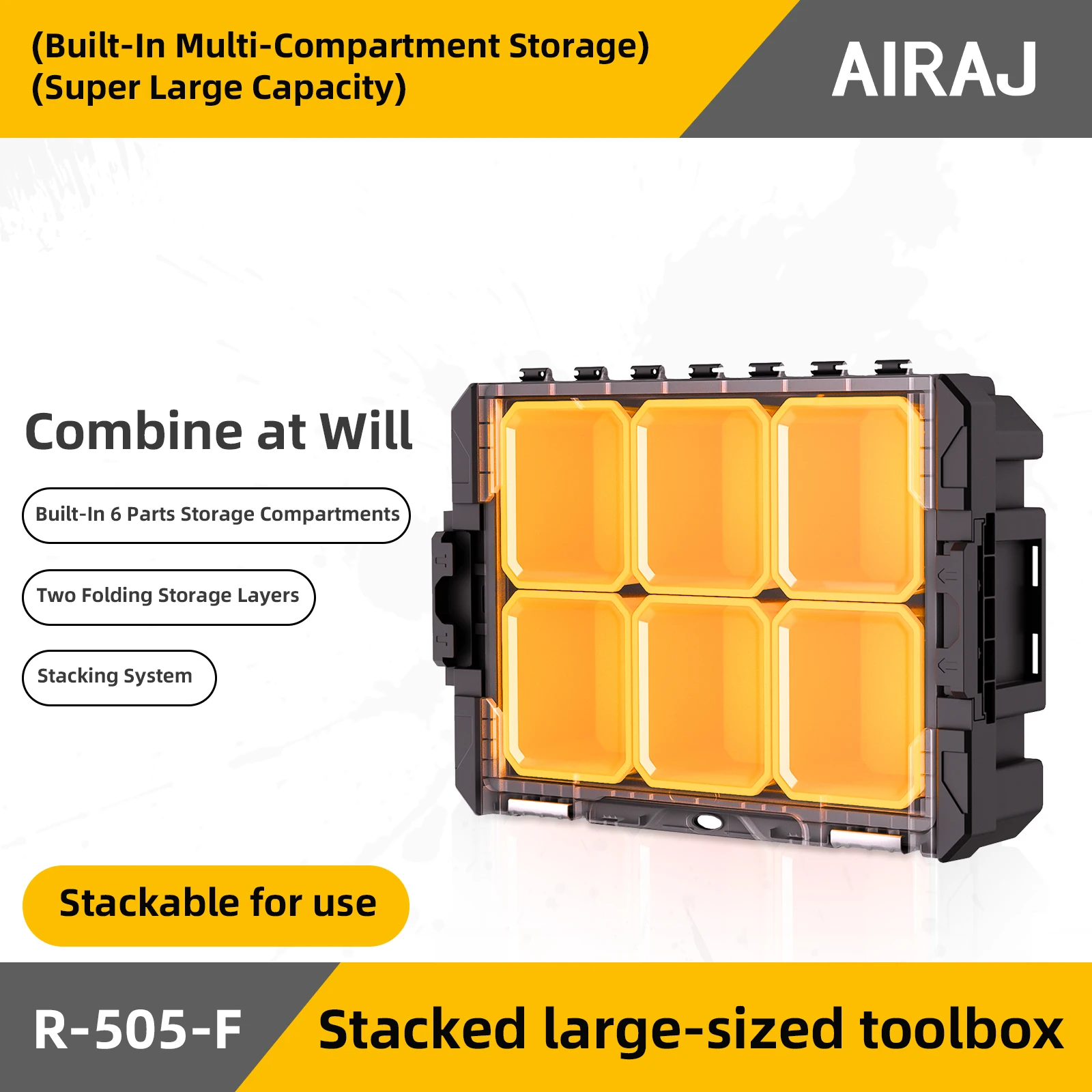 AIRAJ Transparent Plastic Parts Organizer Includes 6 Deep Bins Multi-functional Maintenance Parts Boxs Stackable Large Toolbox