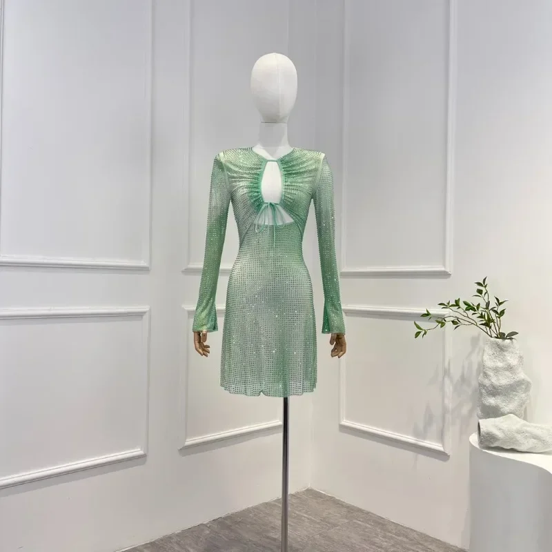 Latest 2023 High Quality Spring Summer Luxury Light Green Cut Out Waist Long Sleeve  Lace-up Woman Sexy Mini Dress