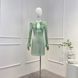 Latest 2023 High Quality Spring Summer Luxury Light Green Cut Out Waist Long Sleeve  Lace-up Woman Sexy Mini Dress