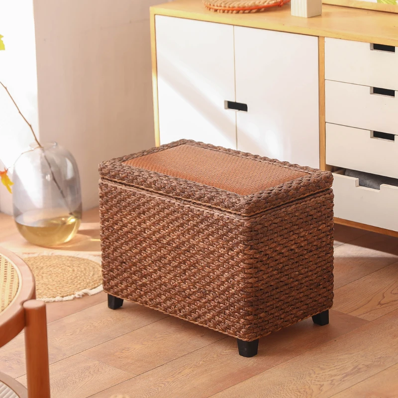 Woven Rattan Storage Bench Solid Wood Entryway Shoe Storage Ottoman Long Narrow Hallway Seat Multi-Functional Shoe Stools