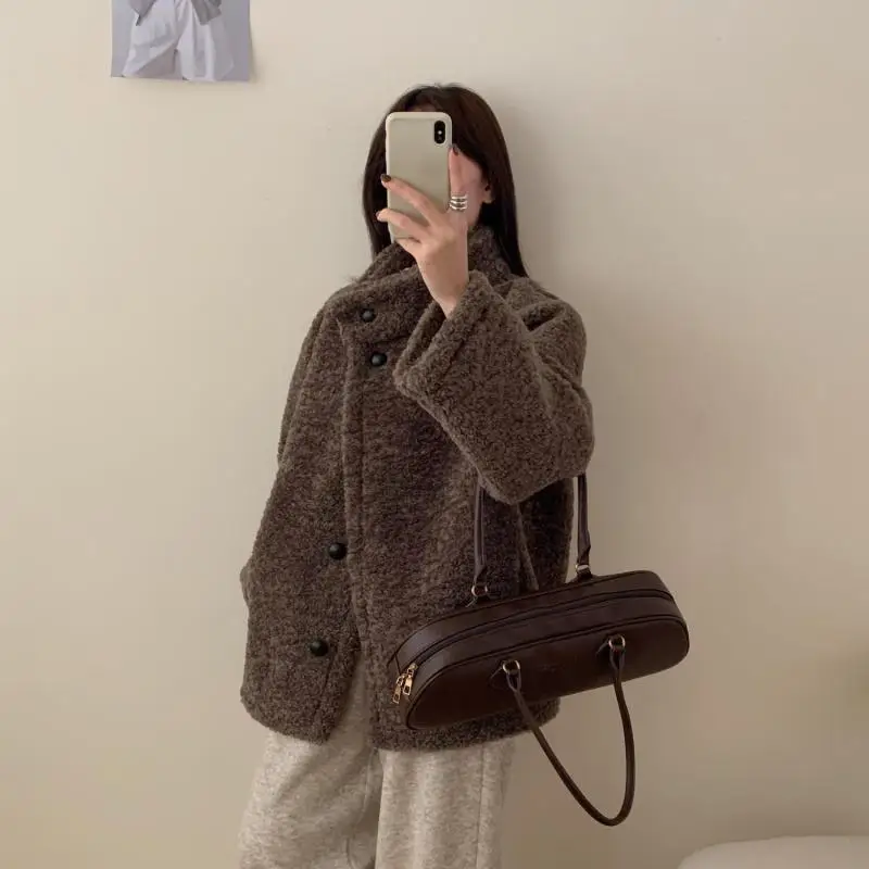 

Винтажное плюшевое пальто с воротником-стойкой, женское свободное теплое однобортное пушистое пальто, женское корейское зимнее шикарное уличное шерстяное пальто