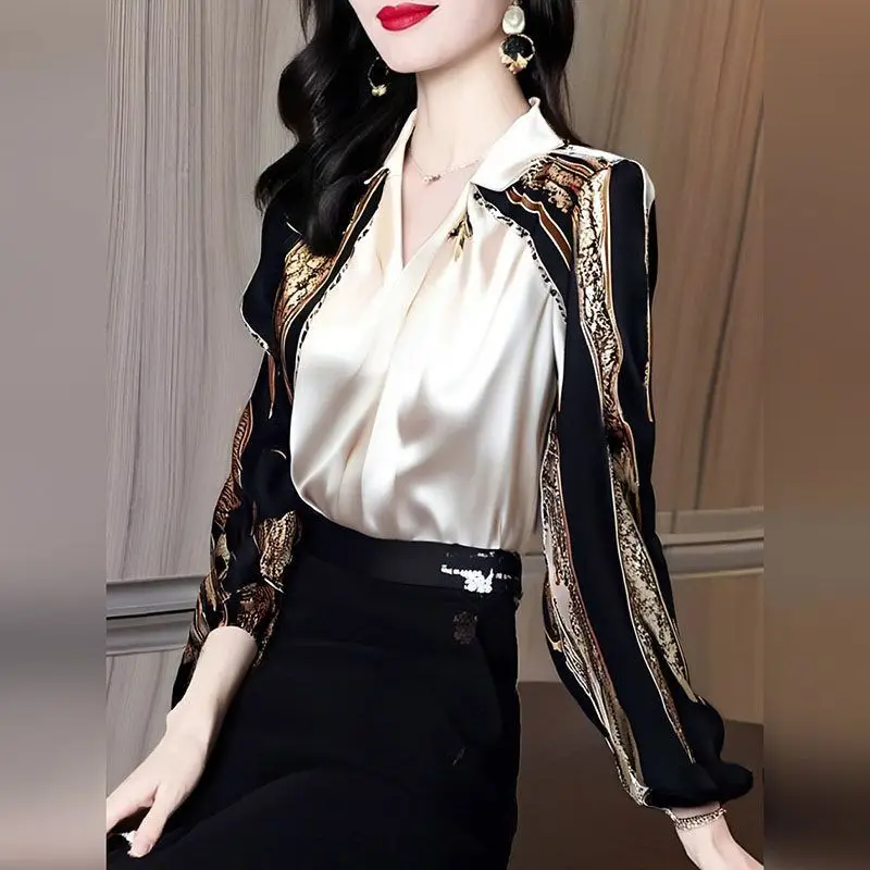 

Модная женская блузка в европейском стиле 2026 года, премиум-класса, с эффектом стройности на плечах, из шелкового ацетатного атласа с принтом, летняя, шифоновая рубашка