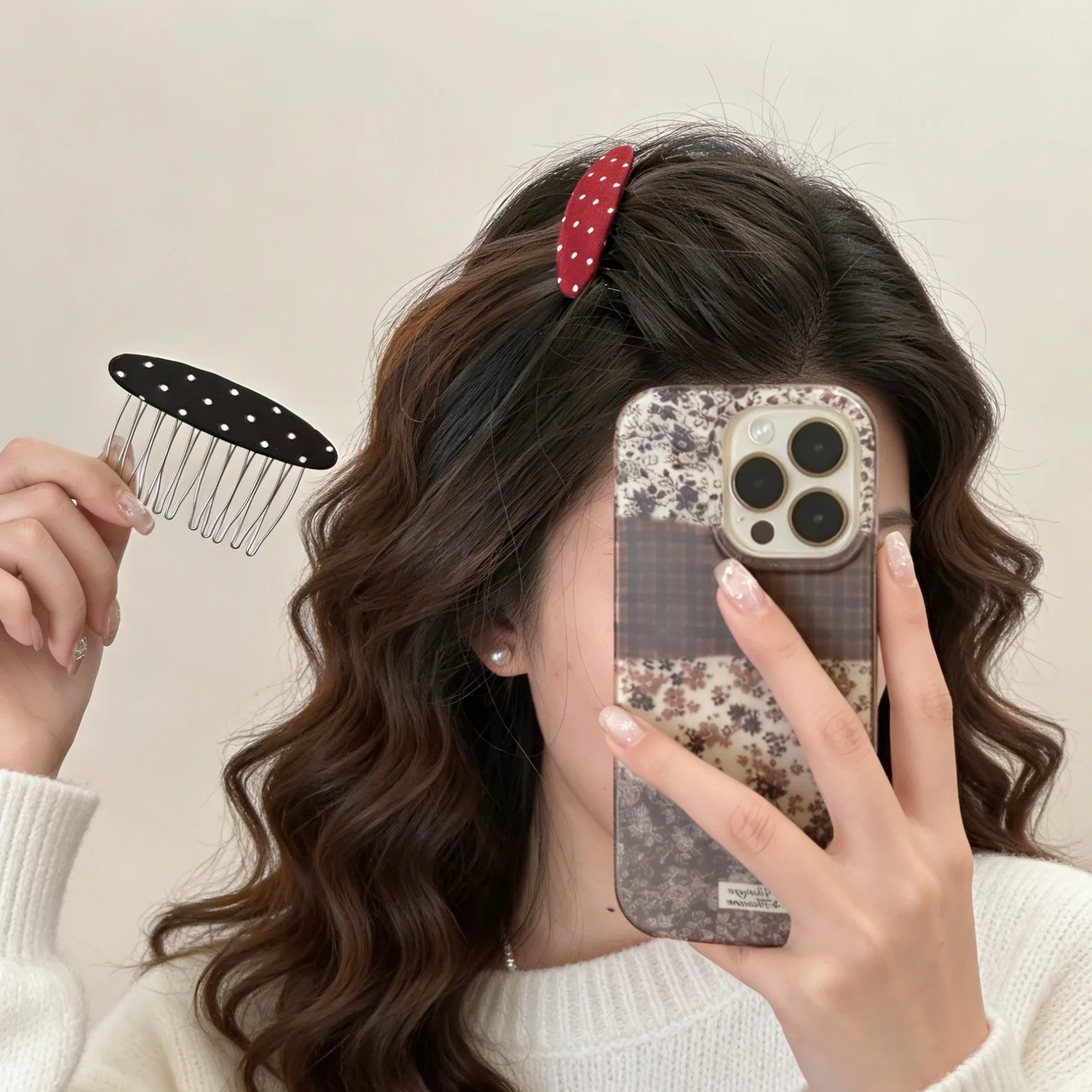 1pc Retro Polka Dot Acetate Hair Comb Curved Teeth Design Non Slip Hair Styling Clip for Women Volumizing Hair Accessory