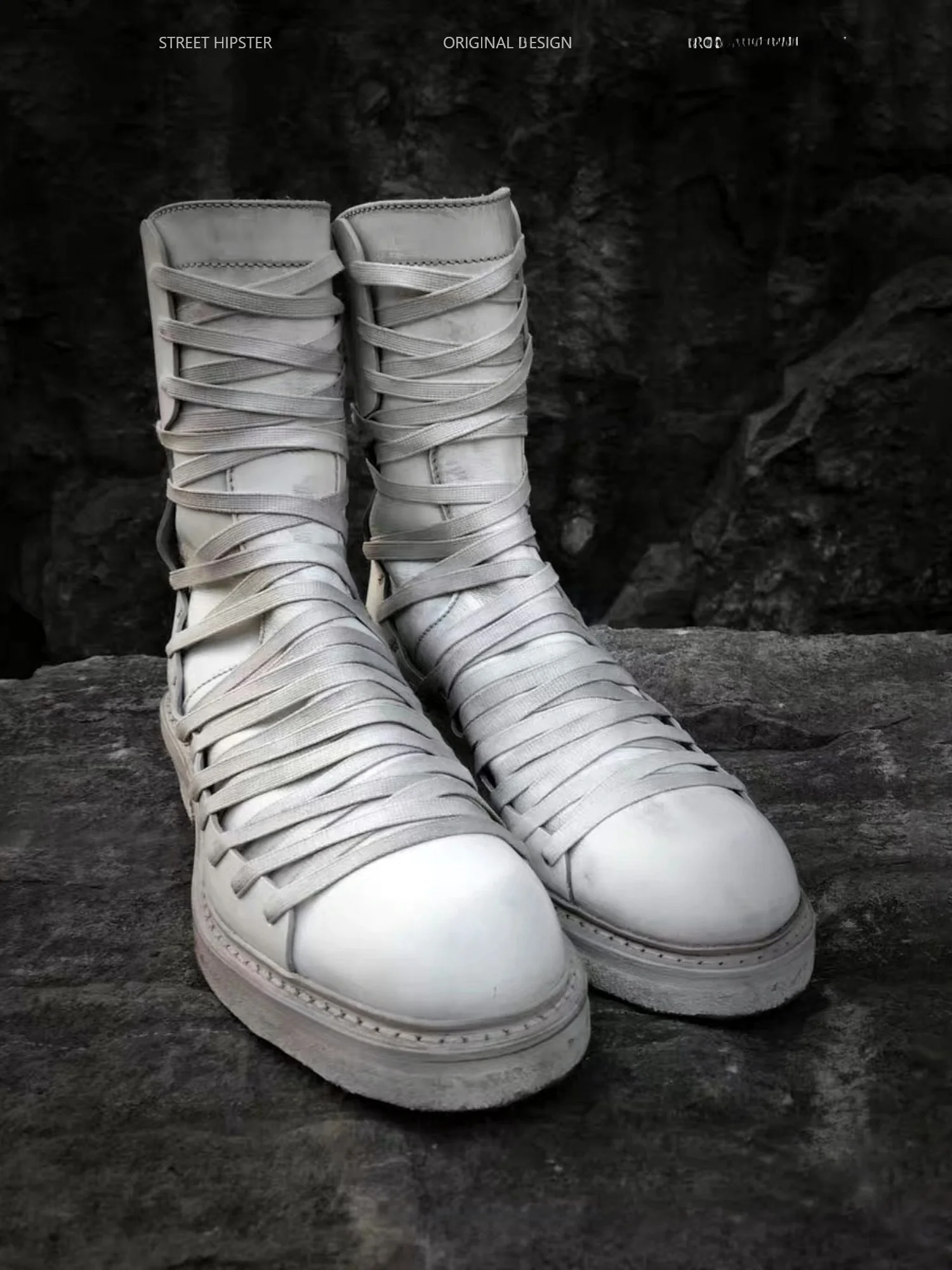 Vintage Workwear High-Top Cross-Buckled Leather Boots Men's Street Style Mid-Calf Shoes round Toe Rubber Outsole Durable