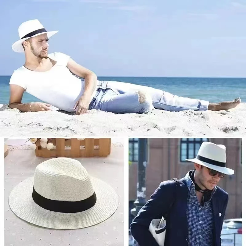 Large Size 55-57 61-62cm New Natural Panama Straw Hat Summer Men Women Wide Brim Beach UV Protection Fedora Sun Hat Wholesale