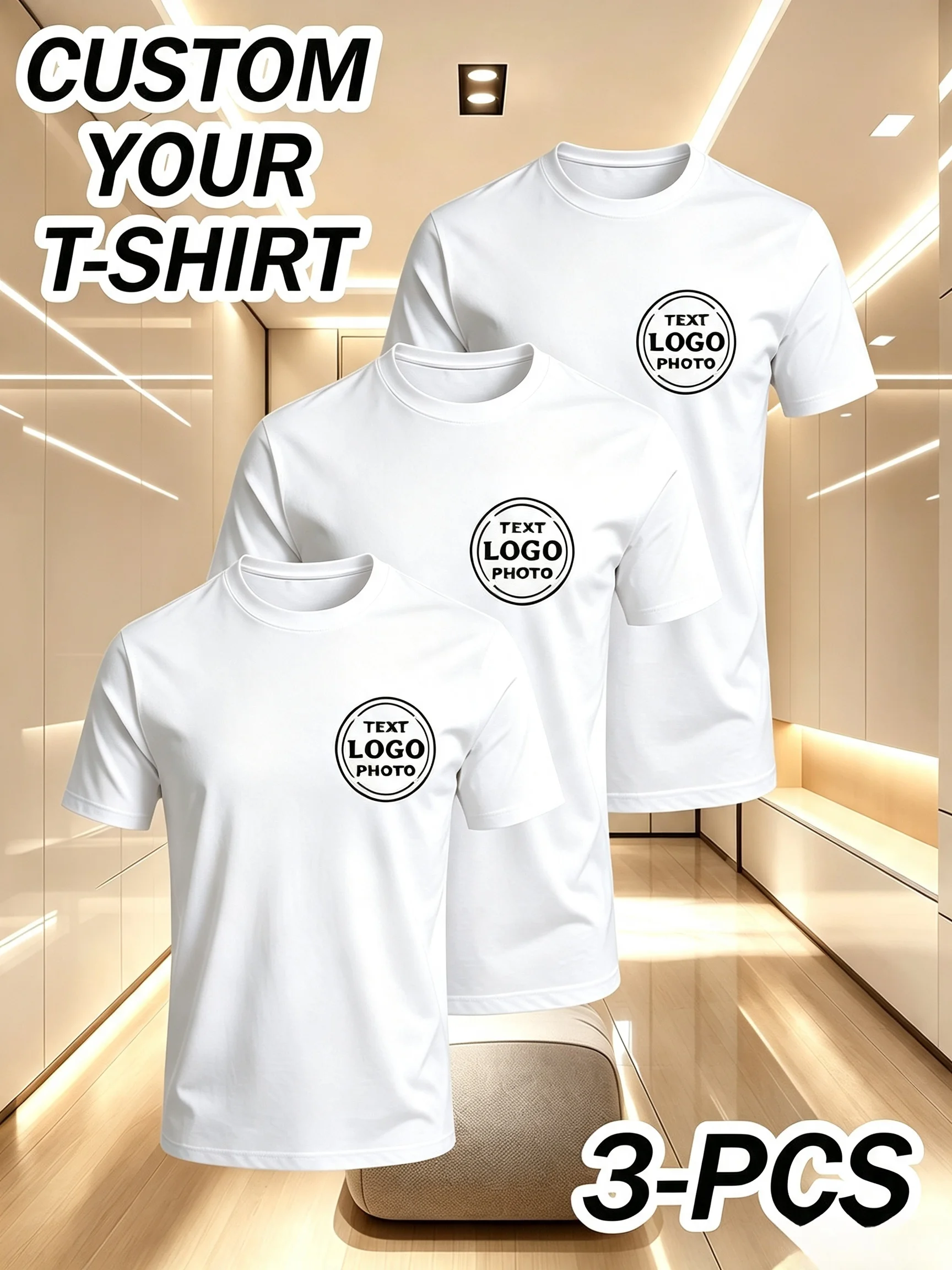 3 pieces of men's custom short-sleeved T-shirts, the same style for both men and women. Personalized printed text, photos