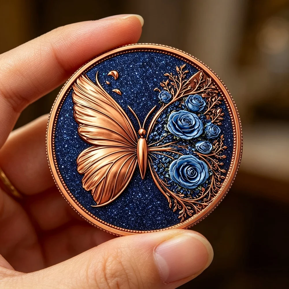 Image of METAMORPHOSIS BUTTERFLY 1 AVDP Oz .999 Reines Kupfer Rundmedaillon mit Glänzendem Staub 3D Relief Kupfermedaillon für Sammler
