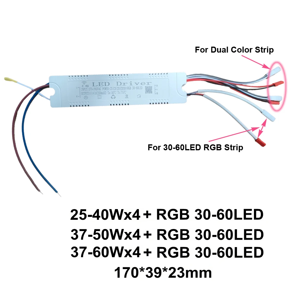 2.4G LED Driver + RGB 30-60LED Remote & APP Control 25-40Wx2 37-50Wx4 37-60Wx2 x4 x6 Dimming&Color-Changeable Power Supply