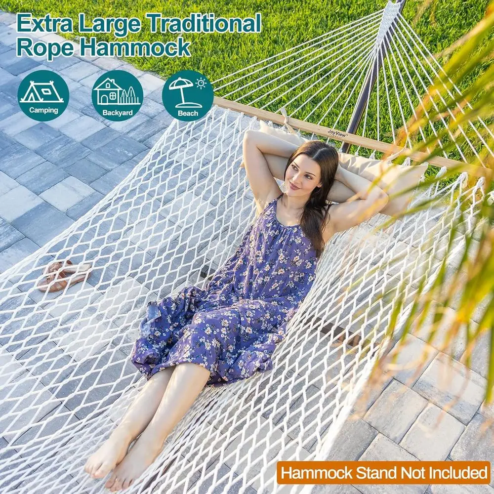 Amaca doppia in cotone con barra e cuscino in legno duro, capacità 450 libbre, adatta per uso esterno e interno, nera