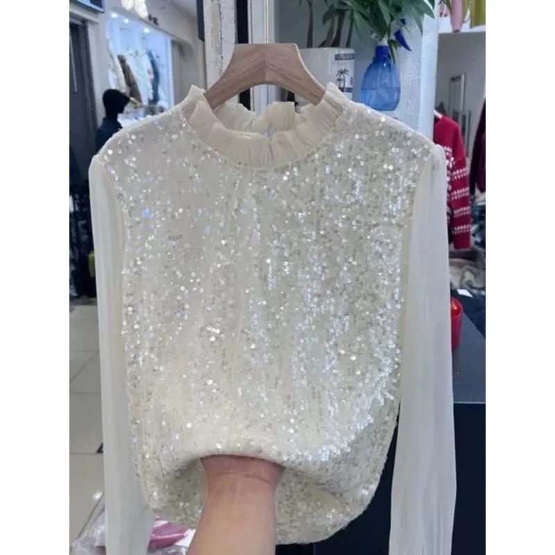 

Шифоновая футболка с длинными рукавами и рюшами для женщин, ранняя весна 2022, новый французский шикарный и элегантный топ