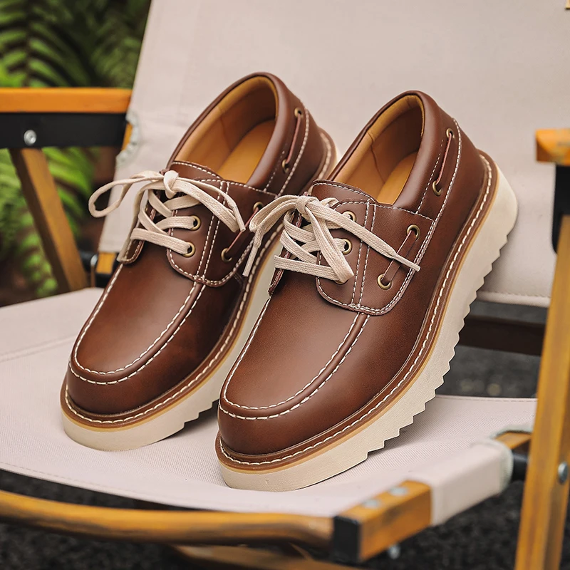 

New Men Casual Genuine Leather Business Shoes Comfortable Thick Bottom Trendy All-match Out Door Antiskid Round Toe Tooling Shoe