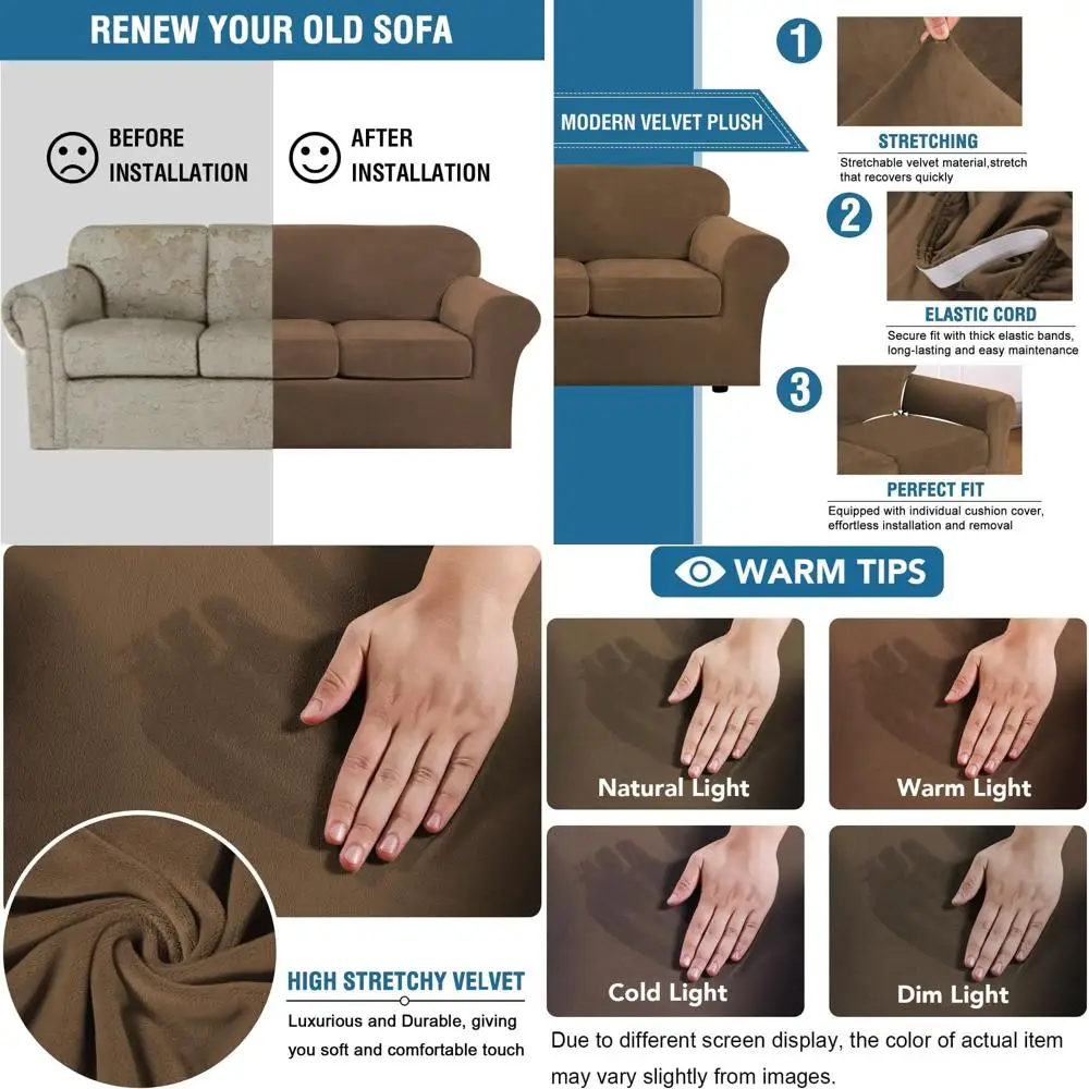 

Чехол для дивана из эластичного бархата, комплект из 4 предметов, подходит для диванов XL шириной до 105, бронзово-коричневый