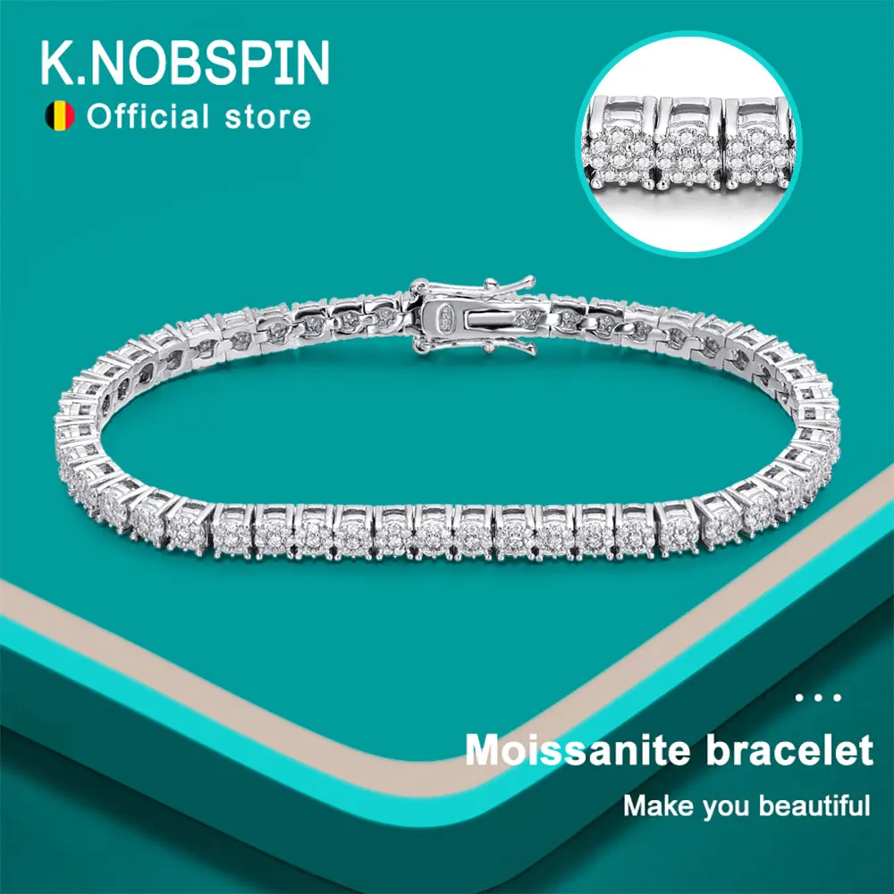 knobspin full moissanite pulseira de tenis para homens e mulheres s925 banhado a prata 18k ouro branco gra certificados pulseiras de casamento 01