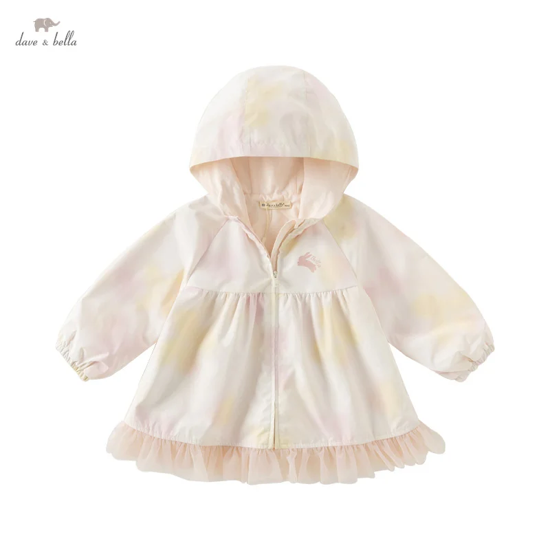 Dave Bella 2025 New Spring Children Girls Baby Outerwear Gentle Hooded Zipper Children\'s Coat Tops Mesh Outdoor Party DB3241621