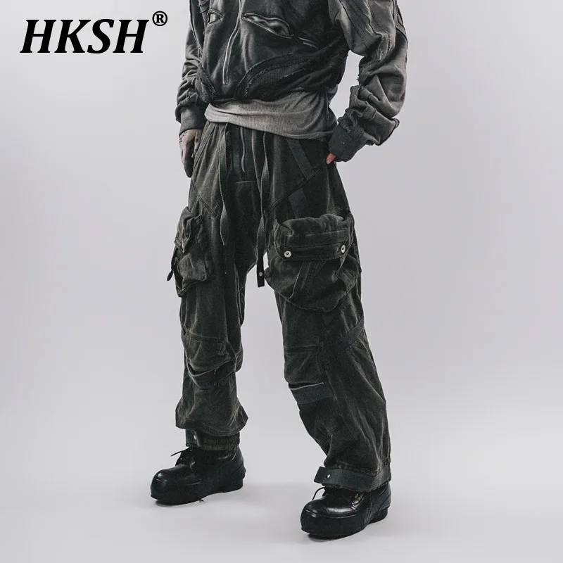 HKSH Autumn New Men's Tide Y2K Original Niche 3D Pocket Denim Distressed Loose Casual Cargo Pants Chic Fashion Streetwear HK2830