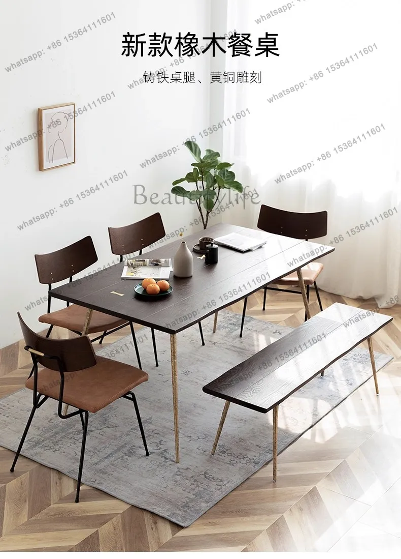 YJ Retro solid wood dining table Nordic wrought iron rectangular dining table Modern minimalist light luxury oak dining table an
