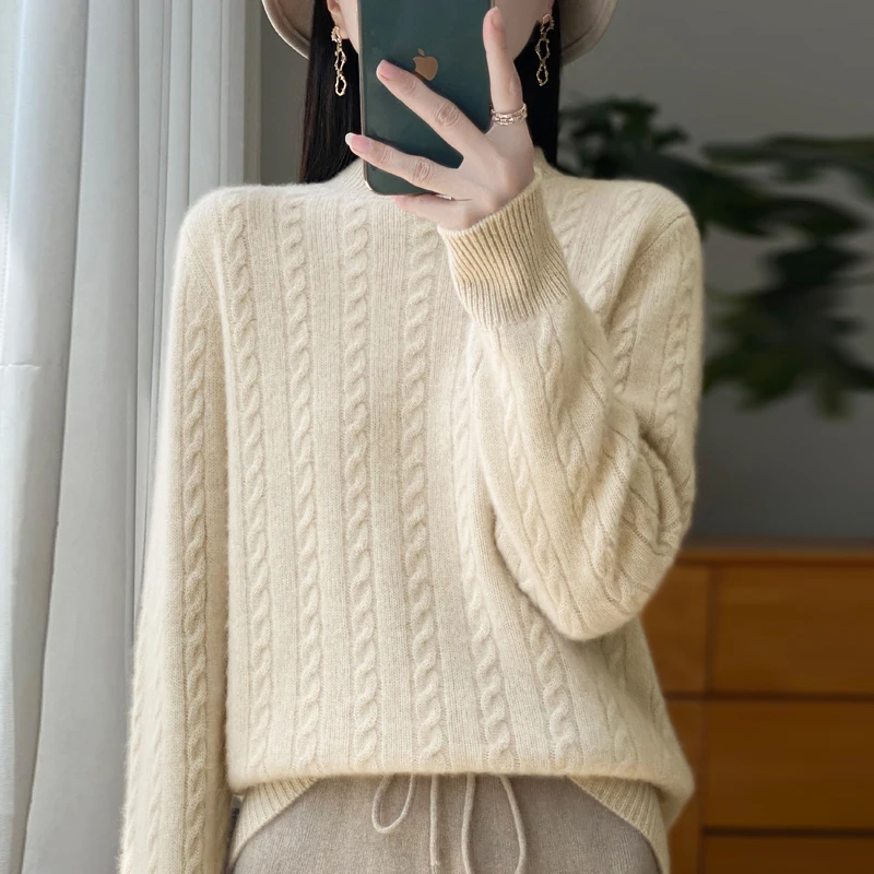 Autumn Winter New 100% Merino Wool Women\'s Clothes Half High Collar Solid Color Long Sleeve Sweater Knit Pullover Casual coat