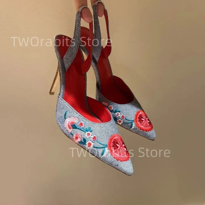 صنادل الزهور المطرزة يدويا العرقية خمر فستان حلو المرأة الدنيم حفلة عطلة نسيج خشبي حزام الظهر عالية الكعب جديد #3