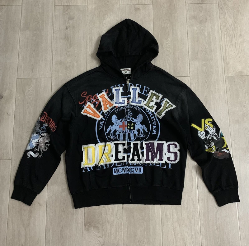 Men Washed Vintage Vale Zip Up Hoodies Frayed Patch Letter Cartoon Print Loose Streetwear Sweatshirts