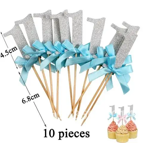 10pcs Glitter Paper Cupcake Toppers First Happy Birthday My 1st Party Decorations Kids One Year Old Baby Boy Girl Supplies