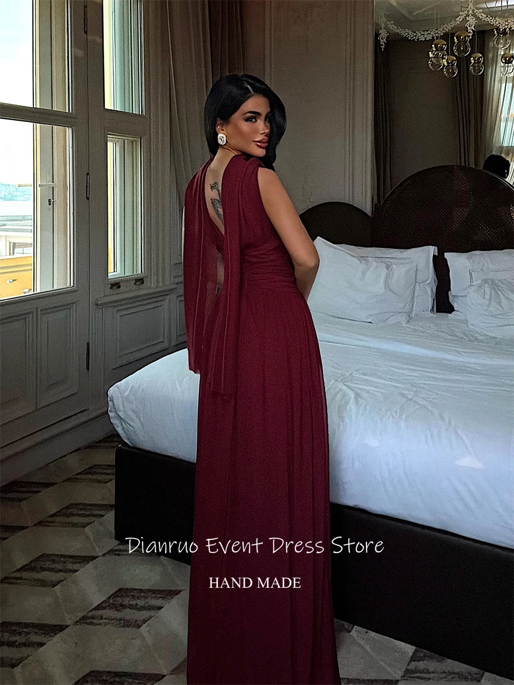 Dianruo A Line Scollo a V Abito da sera senza schienale Flowy increspato Abiti da festa in chiffon Elegante rosa Abiti da laurea personalizzati