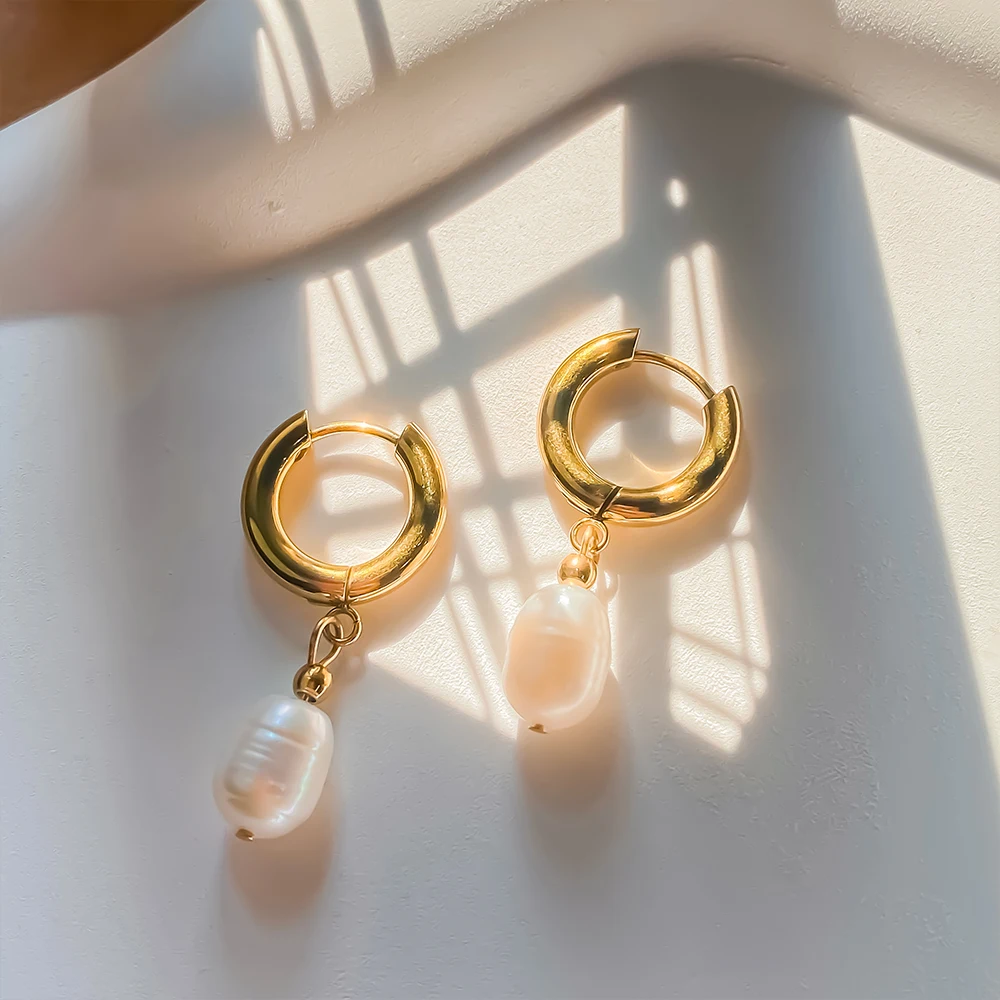 eManco 14K Gold-Plated Freshwater Pearl Pendant Ladies Party Earrings High-grade Stainless Steel Accessories Wholesale Factory