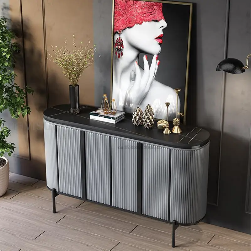 Grey Display Sideboards For Entrance Hall Stable High Carbon Steel Base Rock Board Countertop Modern Kitchen Storage Cabinets