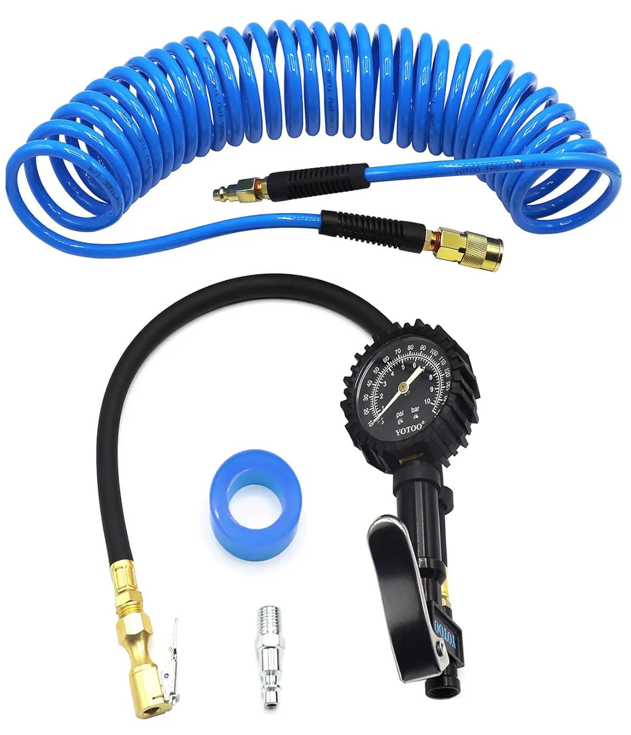 

Recoil Air Hose Kit with Tire Inflator Gauge, 1/4' Industrial Quick Coupler and Plug for tire infaltion and air Tools