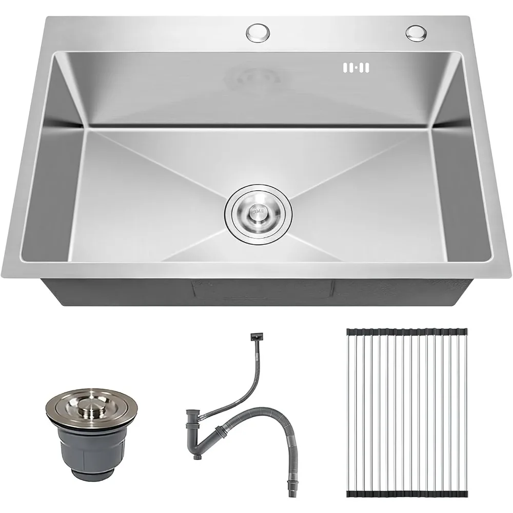 

Stainless Steel Single Bowl Kitchen Sink, 33x22 Inch, Topmount or Drop In, with Drainpipe for RV and Prep Kitchens