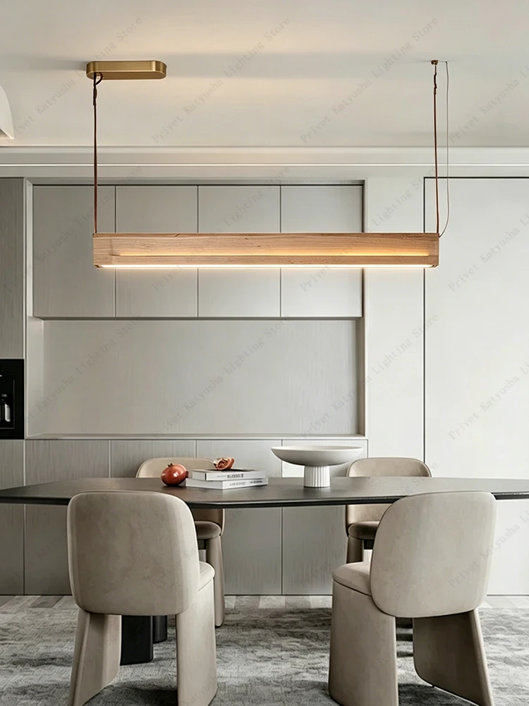 Natural Wood Linear LED Pendant Light Modern Minimalist Dining Room Solid Wooden Hanging Lamp with Leather Straps