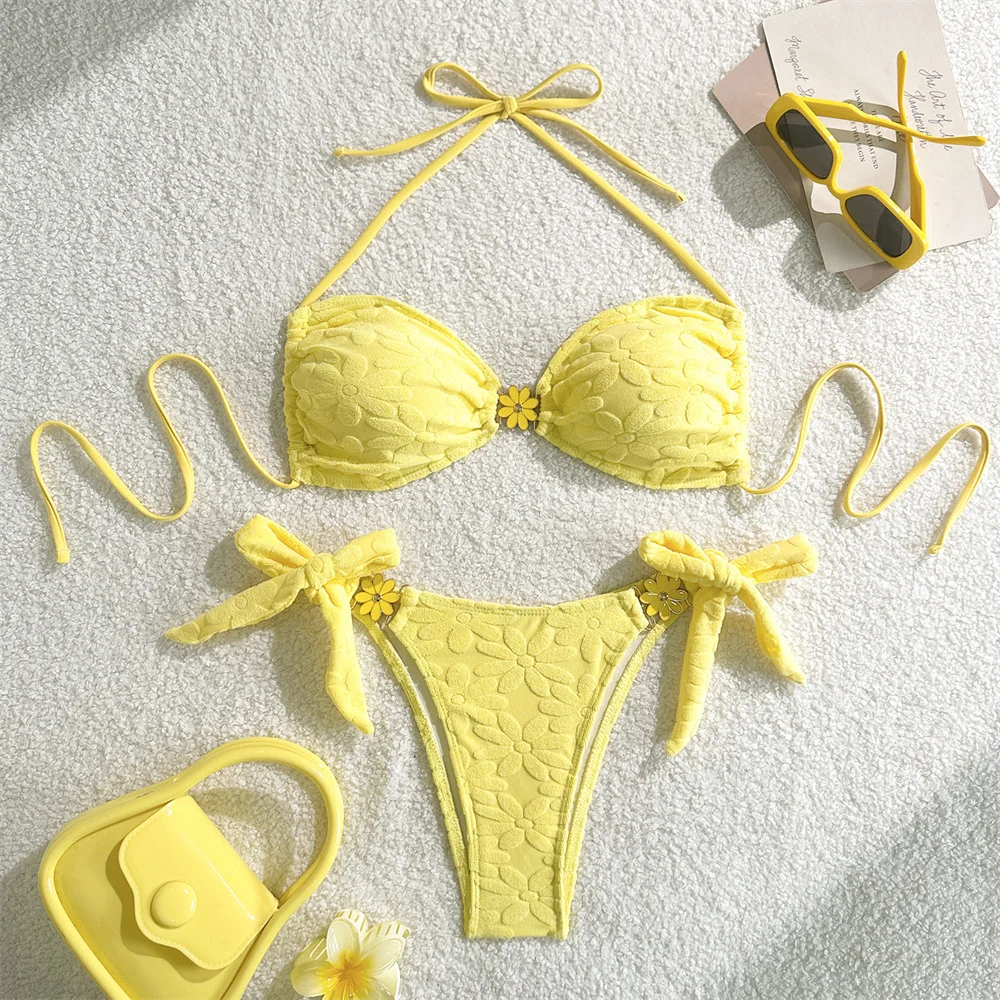 Kawaii Yellow Flower Bikini Swimsuit Women Jacquard Floral Bowknot Swimwear Korean Y2k Vacation Beach Outfit Bandage Bathing Set