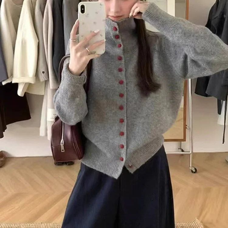 

Solid Color High Neck Wool Knitted Cardigan Autumn Winter Single Breasted Casual Chic Long Sleeved Jacket Top Sweater for Women