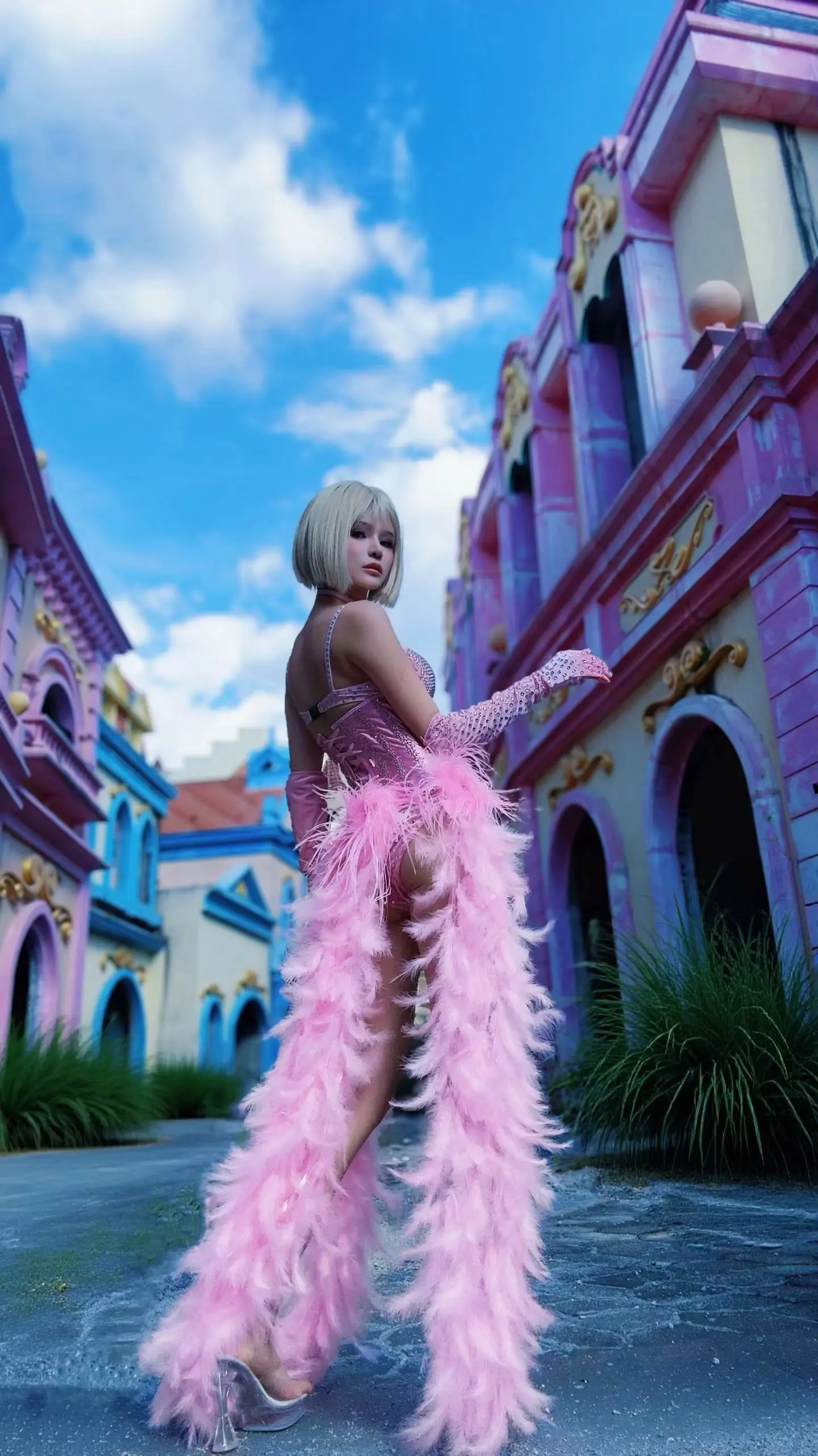 

Fengsha Luxury Women Evening Gown Shiny Diamonds Tight Corset Feather Tail Gloves Bar Stage Performance Costume Prom Gowns