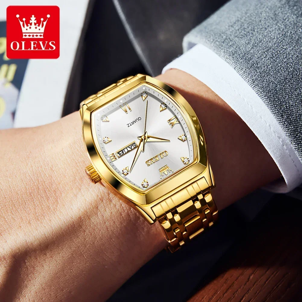 OLEVS Fashion Man Watch Luxury Golden Stainless Steel Men's Watches Business Quartz Wrist Watch Date Week Luminous Watch for Men