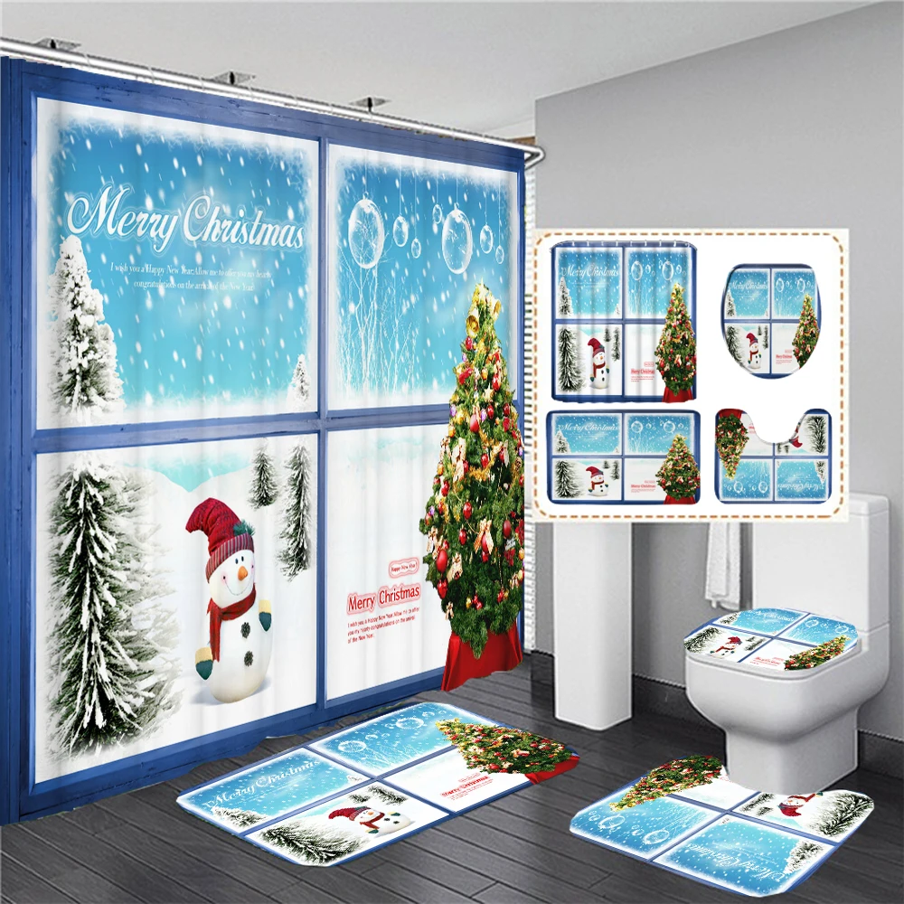 

Happy Christmas Bathroom Shower Curtain Snowman Santa Claus Pattern Waterproof Shower Curtain Toilet Cover Mat Non Slip Rug
