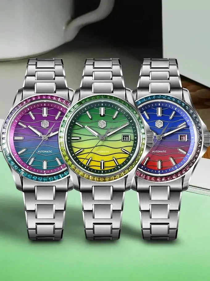 San Martin New 39mm Miyota 9015 Gemstone Bezel Splicing MOP Dial Automatic Reloj OTF Clasp BGW-X1 Lume Waterproof 100M SN0150