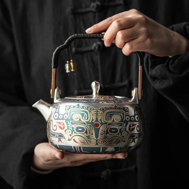 

Chinese Style Dry Burning Silver Teapot Handmade Home Ceramic Tea Brewing Pot Stove Loop-Handled Teapot Kung Fu Tea Set