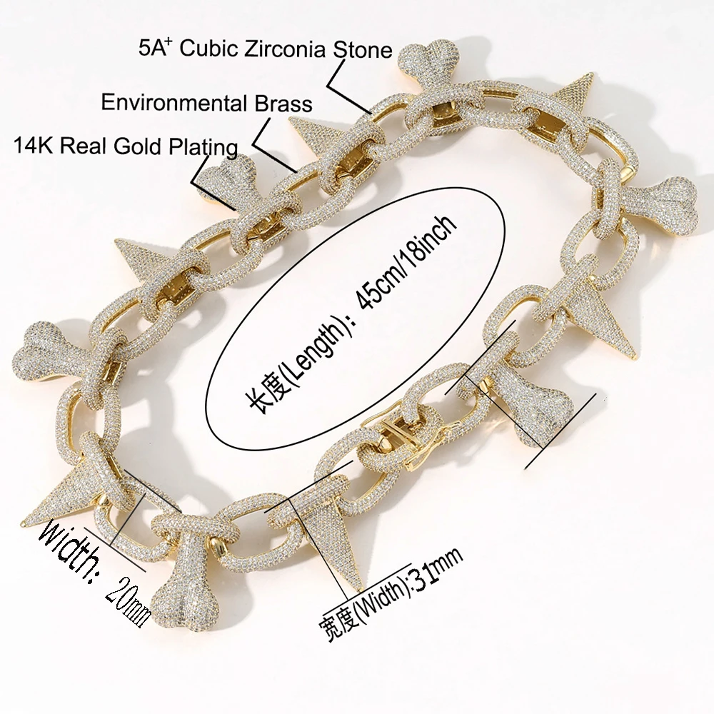 31mm Big Thorn Chain Iced Out Cuban Link Chain Necklace Bling AAA Zircon Stone Hip Hop Necklace For Men Women Choker Free Ship