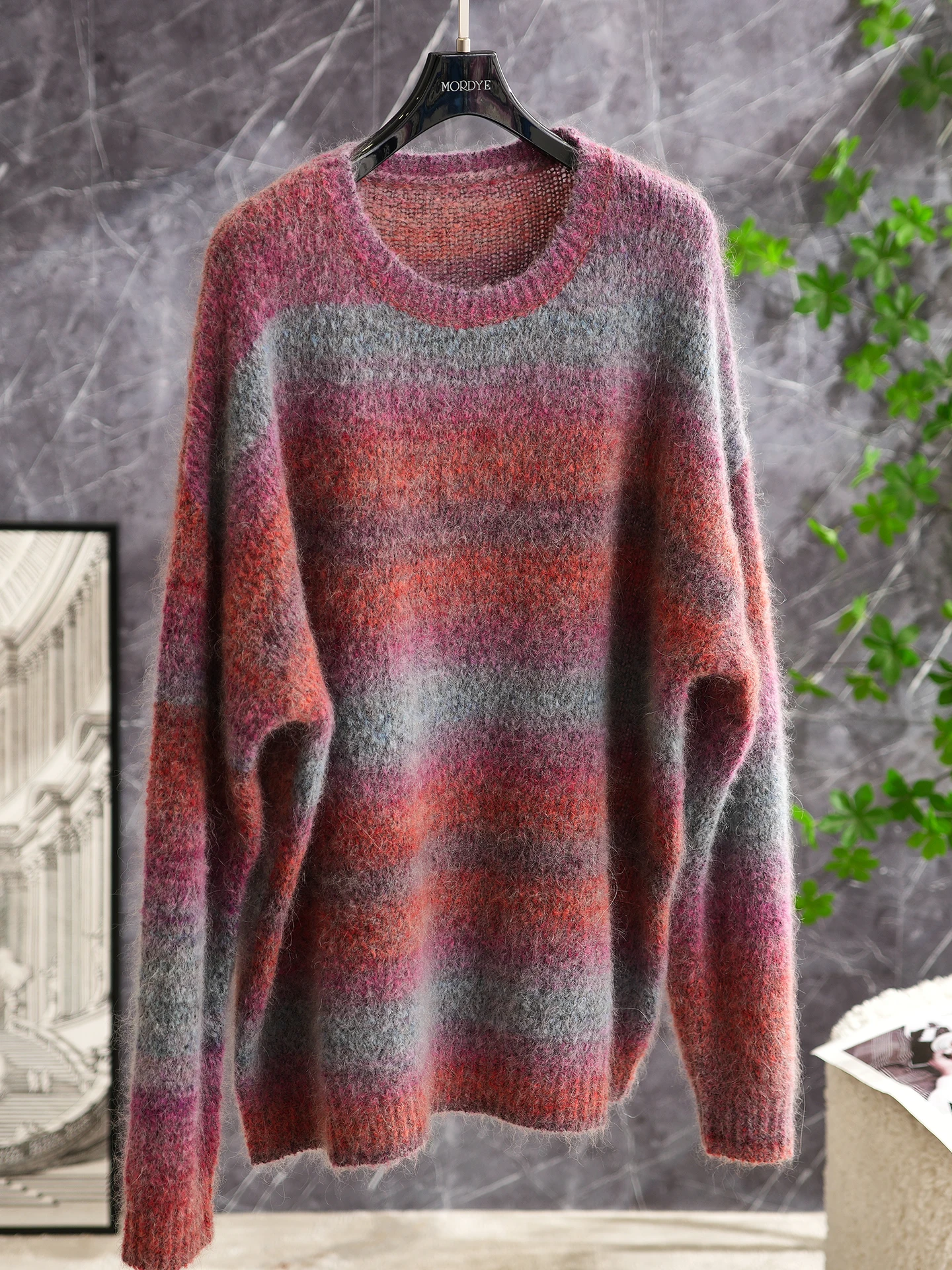 

Rose Peninsula adient Color Knitted Loose Women's Sweater Rainbow Stripes Lazy Sle Camere Long Sve round Ne Top