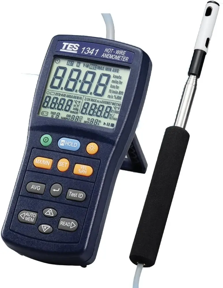 TECPEL Taiwan High Precision Hot Wire Anemometer TES-1341 with 0.2-20.0 m/s Air Velocity & 0-50C Temperature Measurement