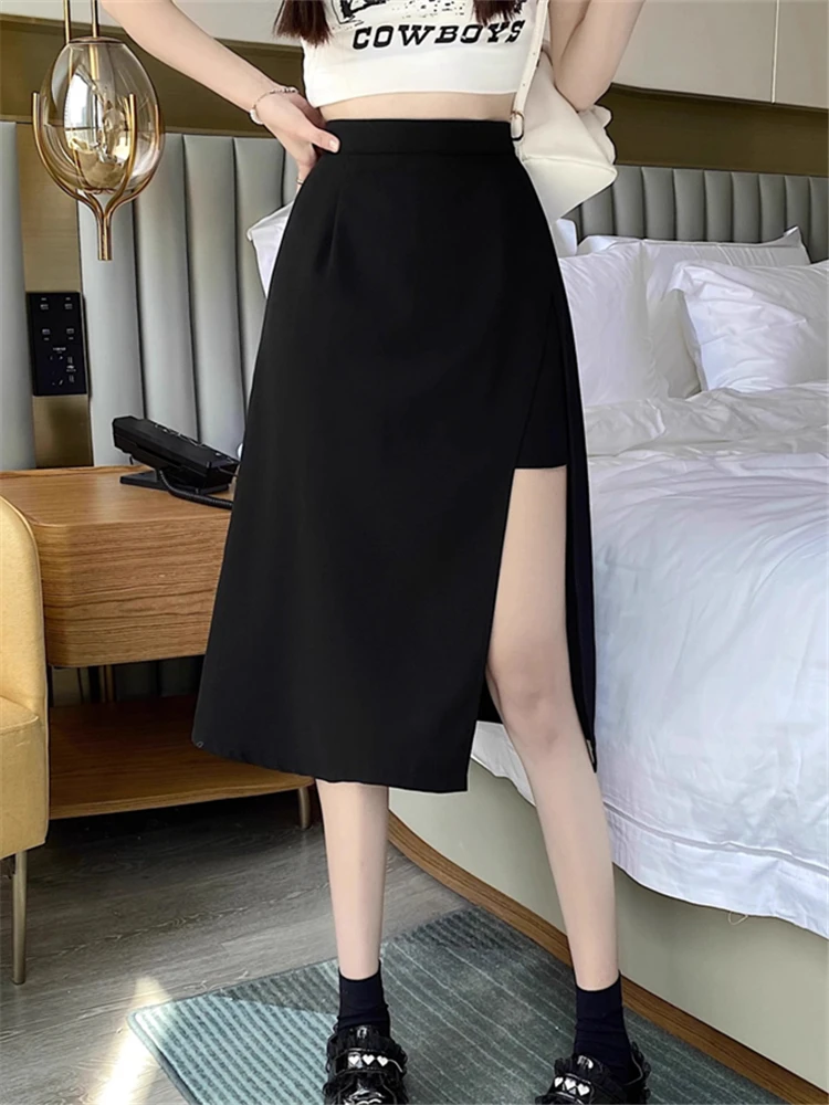 2023 New High Waist Hip Skirt Irregular Slit Black Skirt for Women Summer Mid-length A-line Harajuku Vintage Women Clothing