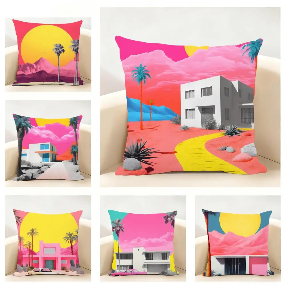 Breathtaking California Sunset Colorful Collage Art Cushion Cover Linen Minimalist Soft  for Sofa Bed Home Room Decor