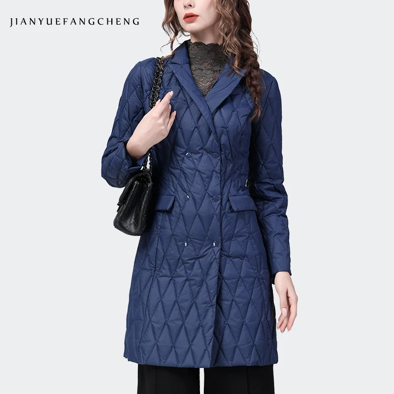 2022 Fall Winter Women Long Down Jacket Solid Color Fashion Notched Collar Duck Down Coat Warm Lightly Working Casual Jackets